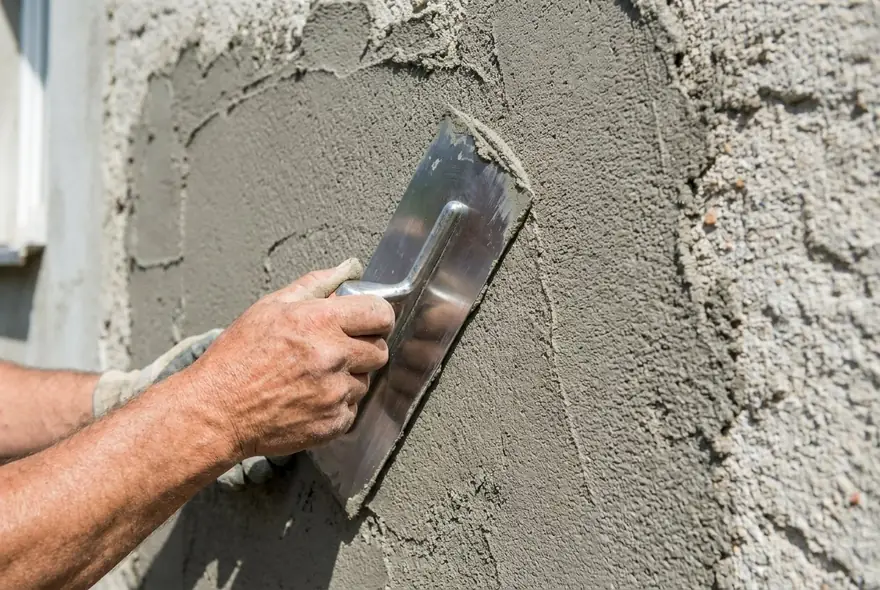 Facadier appliquant un enduit a la truelle sur un mur de maison
