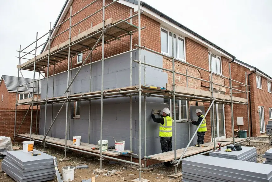 Pose de panneaux d'isolation par l'exterieur sur la facade d'une maison