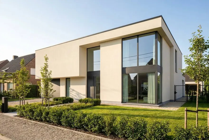 Maison renovee avec une facade enduite lisse de couleur creme
