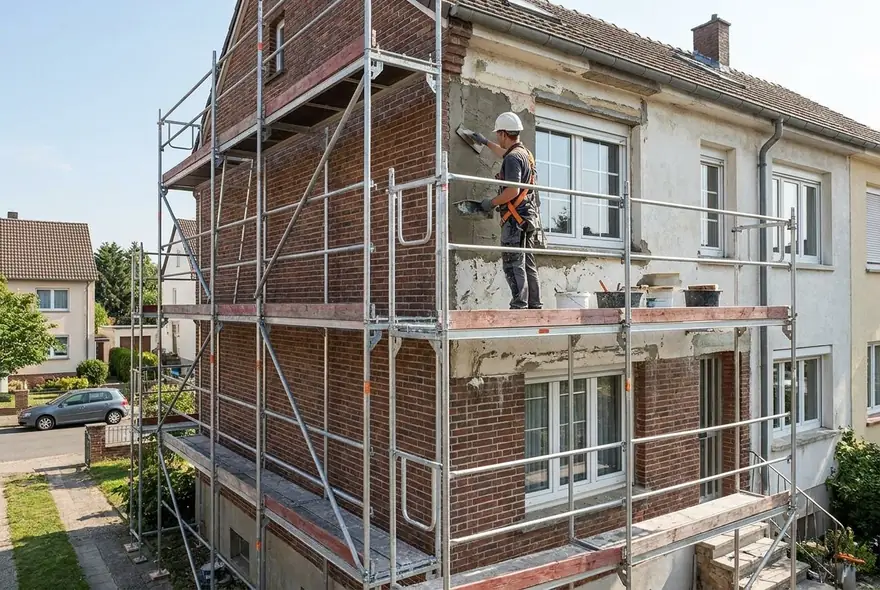 Facadier sur un echafaudage travaillant le haut d'une facade